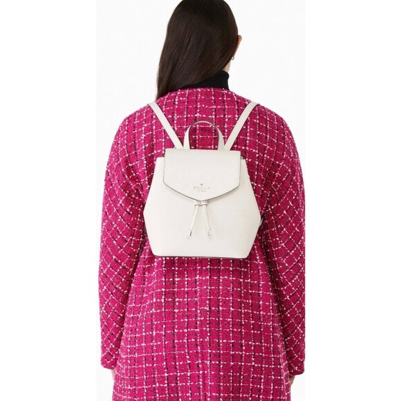 New Kate Spade Lizzie Saffiano Leather Medium Flap Backpack Parchment - Picture 2 of 4